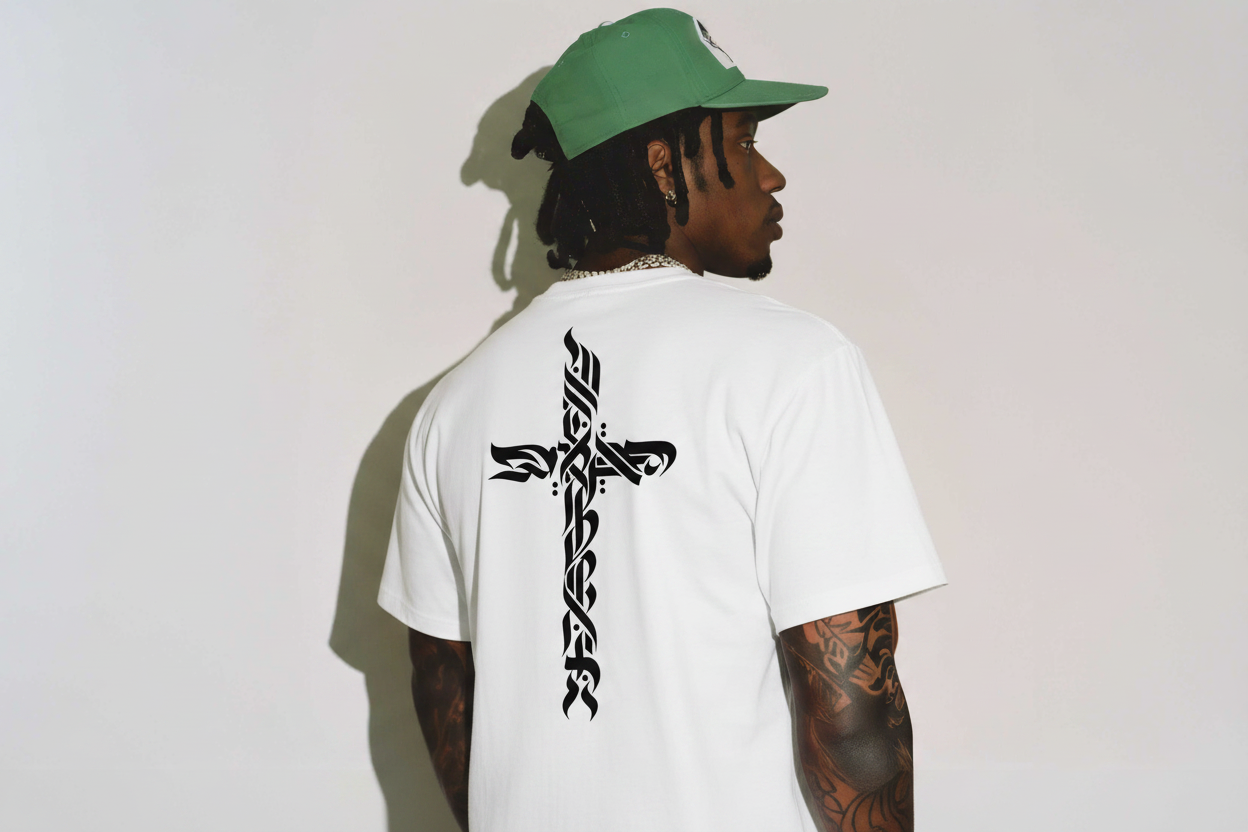 White tee with exact calligraphy cross on back
